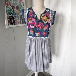 Andree By Unit Dress Womens Small Floral Embroidery Striped Boho Peasant Hippie